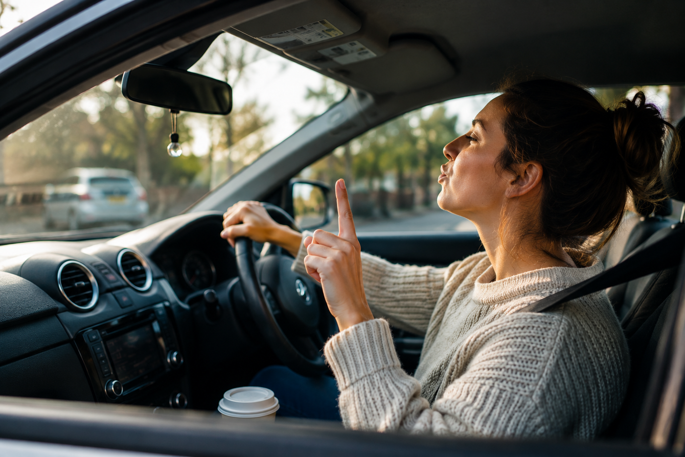 A driver sings along to music while driving with one hand on the steering wheel on a sunny day. The candid in-car scene captures one of the quirky driving habits many motorists can relate to, reflecting the fun and light-hearted theme of everyday driving.