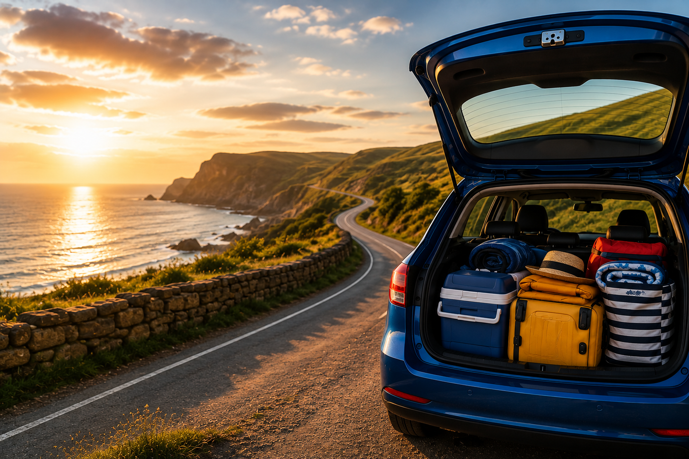 A blue hatchback packed with suitcases and travel essentials is parked beside a winding coastal road at sunset, overlooking dramatic sea cliffs and the ocean. The scenic landscape captures the excitement of a summer road trip and holiday adventure.