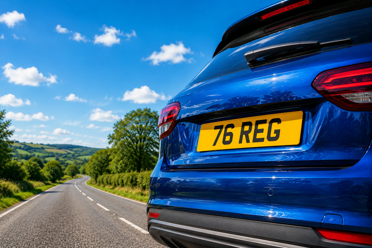 A shiny blue car displaying a "76 REG" number plate is parked on a quiet country road beneath a bright blue summer sky. The image symbolises the arrival of the UK's new registration plate and the excitement of buying a new car.