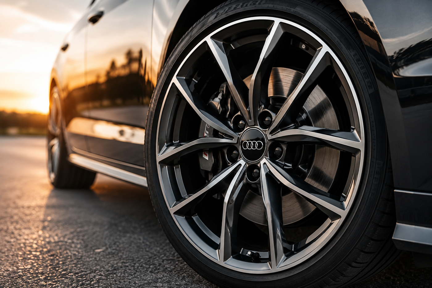 Upgraded wheel centre cap fitted to a premium alloy wheel on a luxury car, showcasing a stylish wheel enhancement and factory-fresh appearance.