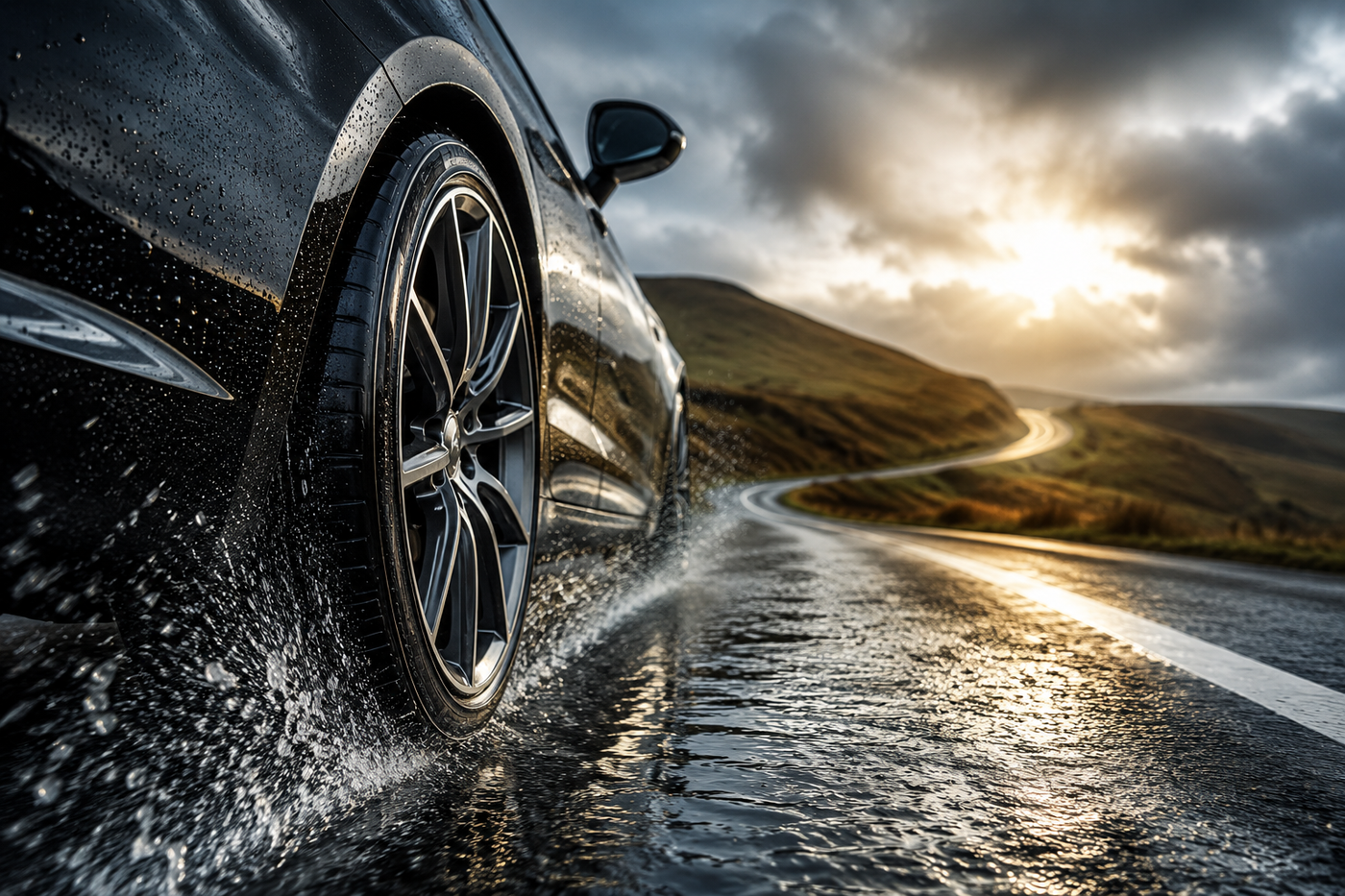 Close-up of a car tyre driving through water on a wet road, with spray from the tread and dramatic sunlight breaking through storm clouds in the background.