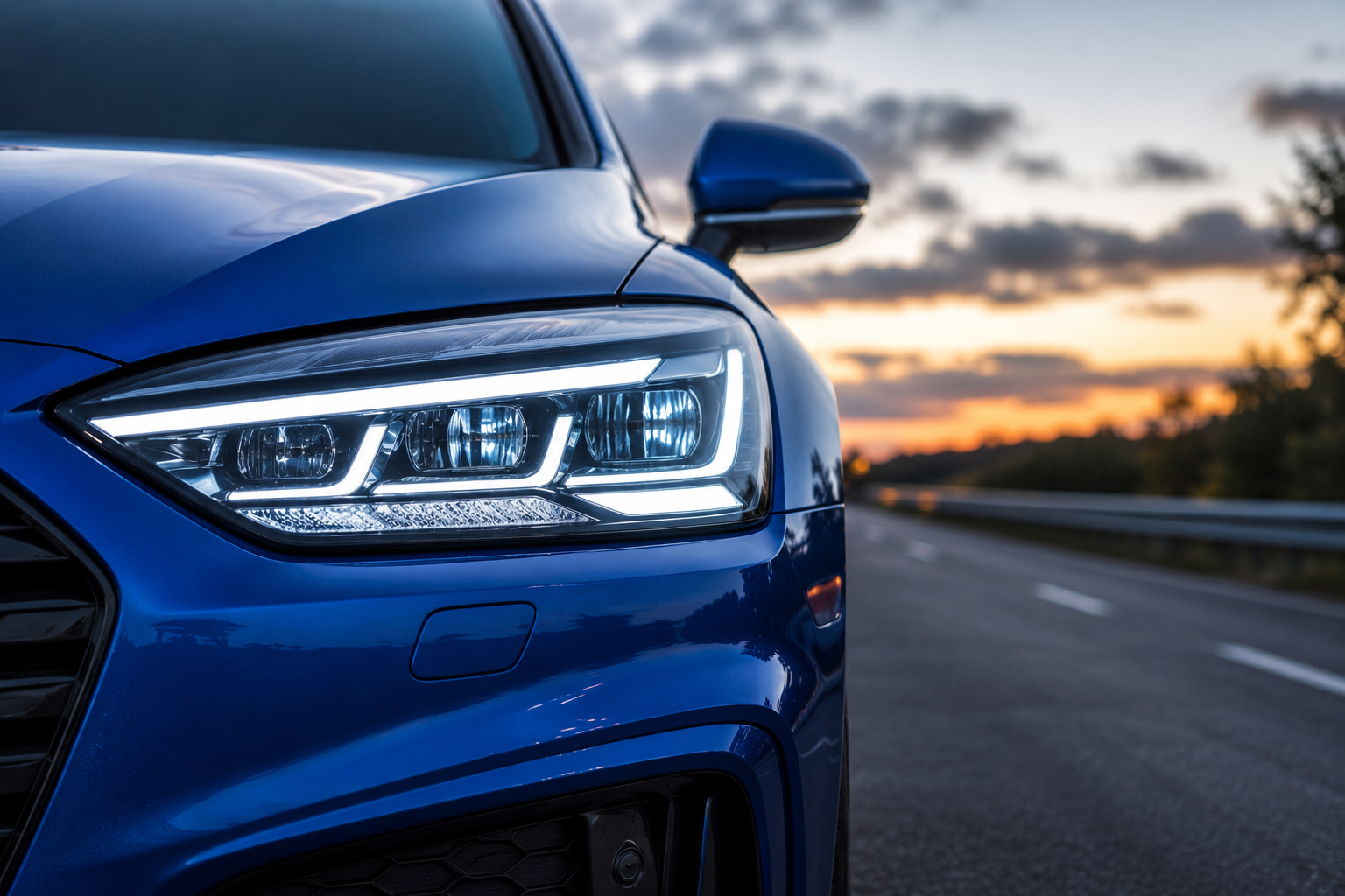 Close-up of a modern Matrix LED headlight on a premium vehicle, showcasing advanced automotive lighting technology and distinctive LED light signatures.