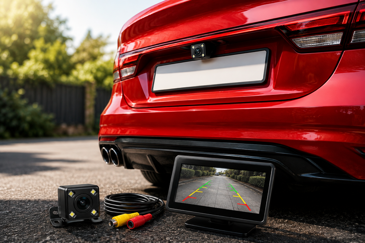 Red car fitted with an aftermarket reversing camera, with camera wiring and rear-view monitor displayed.