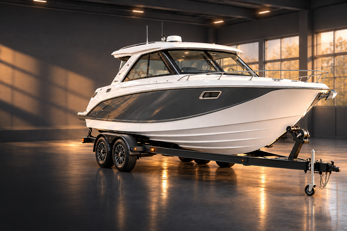 Cabin cruiser in a dark harbour