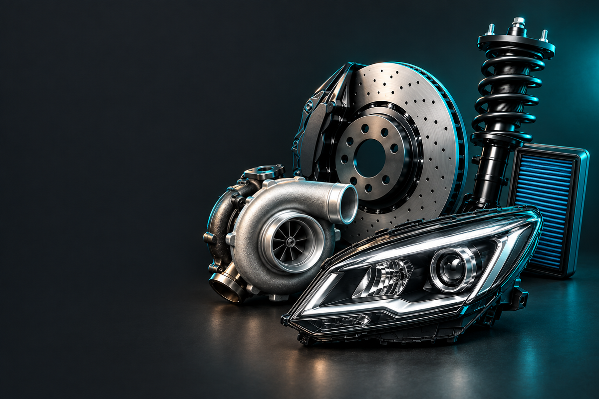 Alfa Romeo Parts banner showing automotive parts in a dark charcoal studio with teal accent lighting.