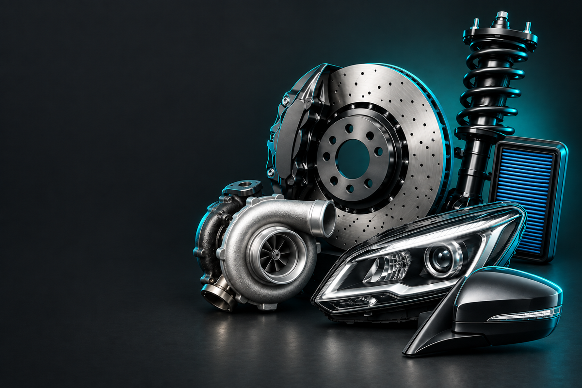 Alpina Parts banner showing automotive parts in a dark charcoal studio with teal accent lighting.