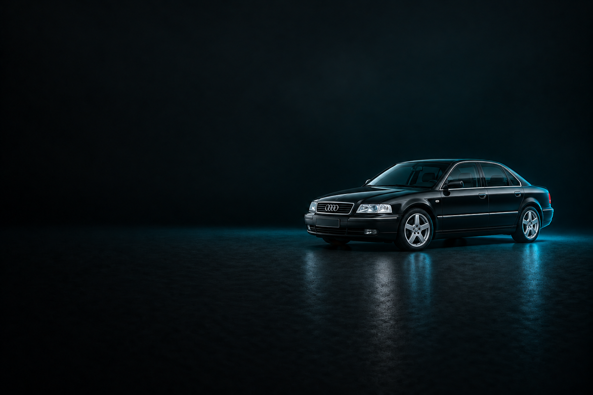Black Audi A8 D2 saloon on a charcoal background with cyan lighting.