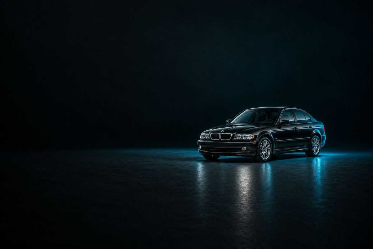 Black BMW 3 Series saloon on a glossy charcoal floor with cool blue lighting.
