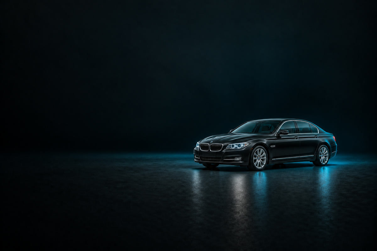 Black BMW 7 Series saloon on a glossy charcoal floor with cool blue lighting.