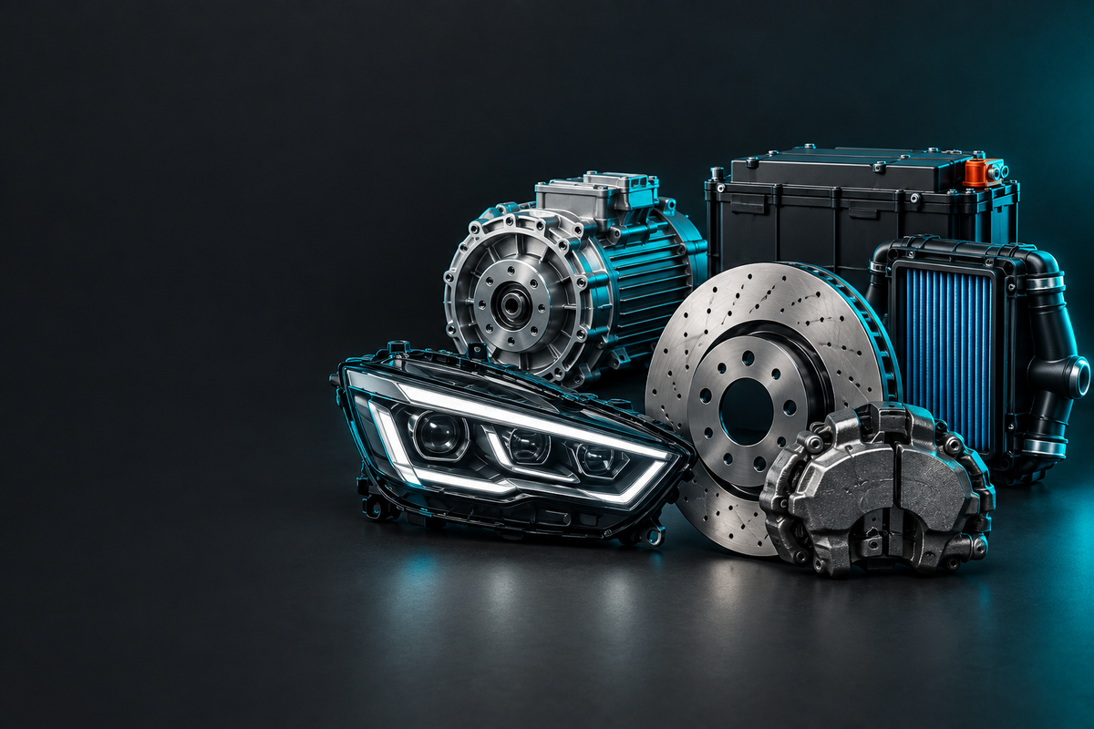 BYD Parts banner showing automotive parts in a dark charcoal studio with teal accent lighting.