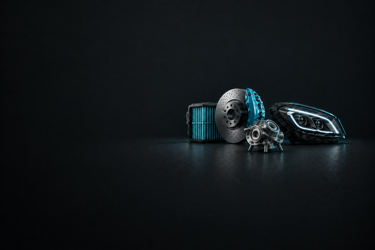 Chevrolet Parts banner with assorted unbranded automotive components on a dark charcoal background.