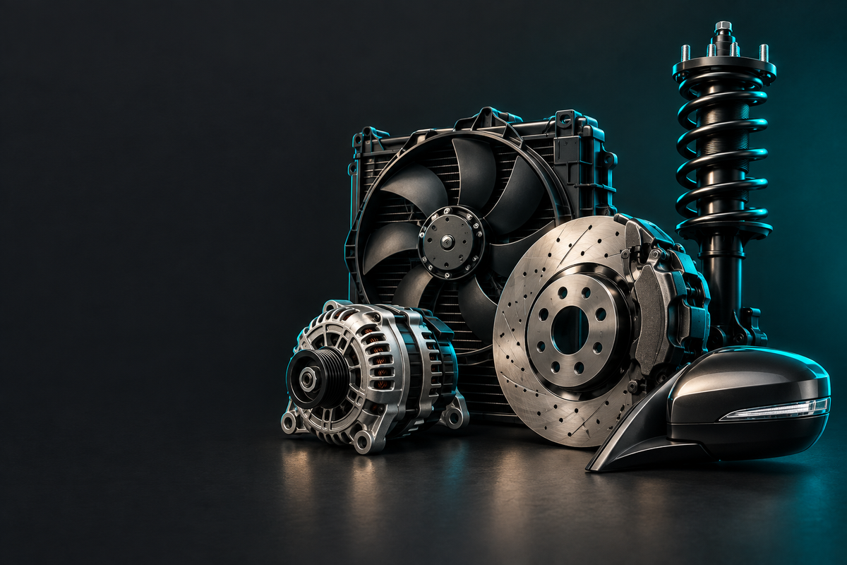 Chrysler Parts banner showing automotive parts in a dark charcoal studio with teal accent lighting.