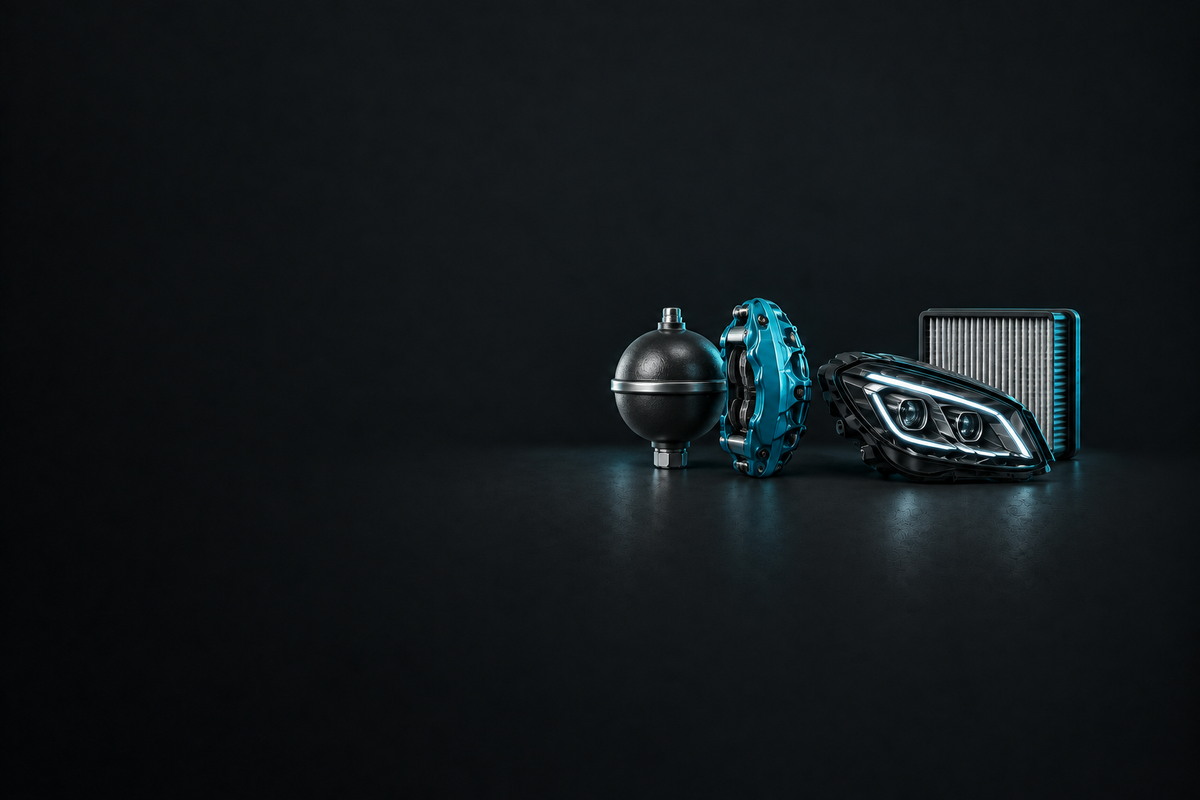 Citroen Parts banner with assorted unbranded automotive components on a dark charcoal background.