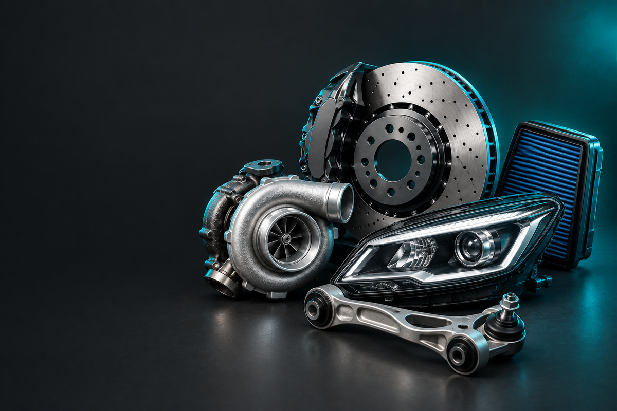 Cupra Parts banner showing automotive parts in a dark charcoal studio with teal accent lighting.