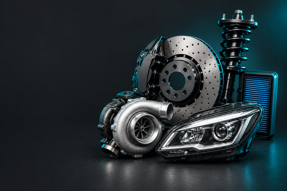 Dacia Parts banner showing automotive parts in a dark charcoal studio with teal accent lighting.