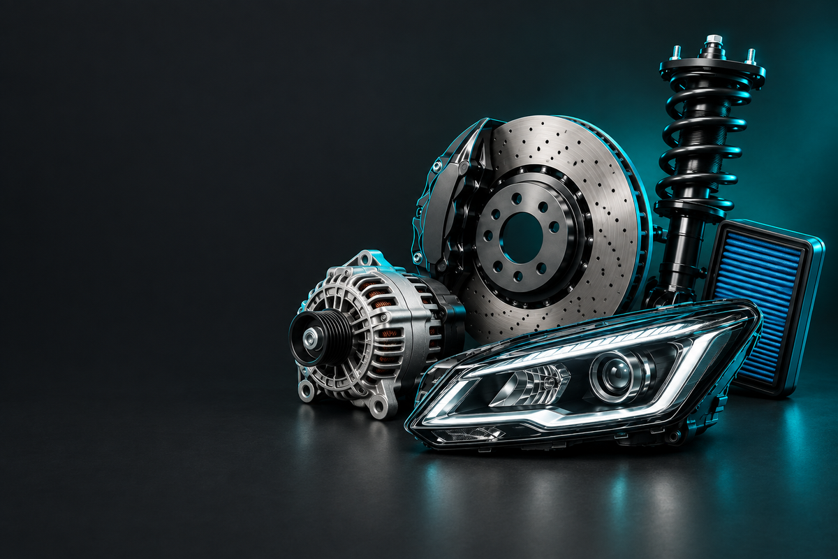 Daewoo Parts banner showing automotive parts in a dark charcoal studio with teal accent lighting.
