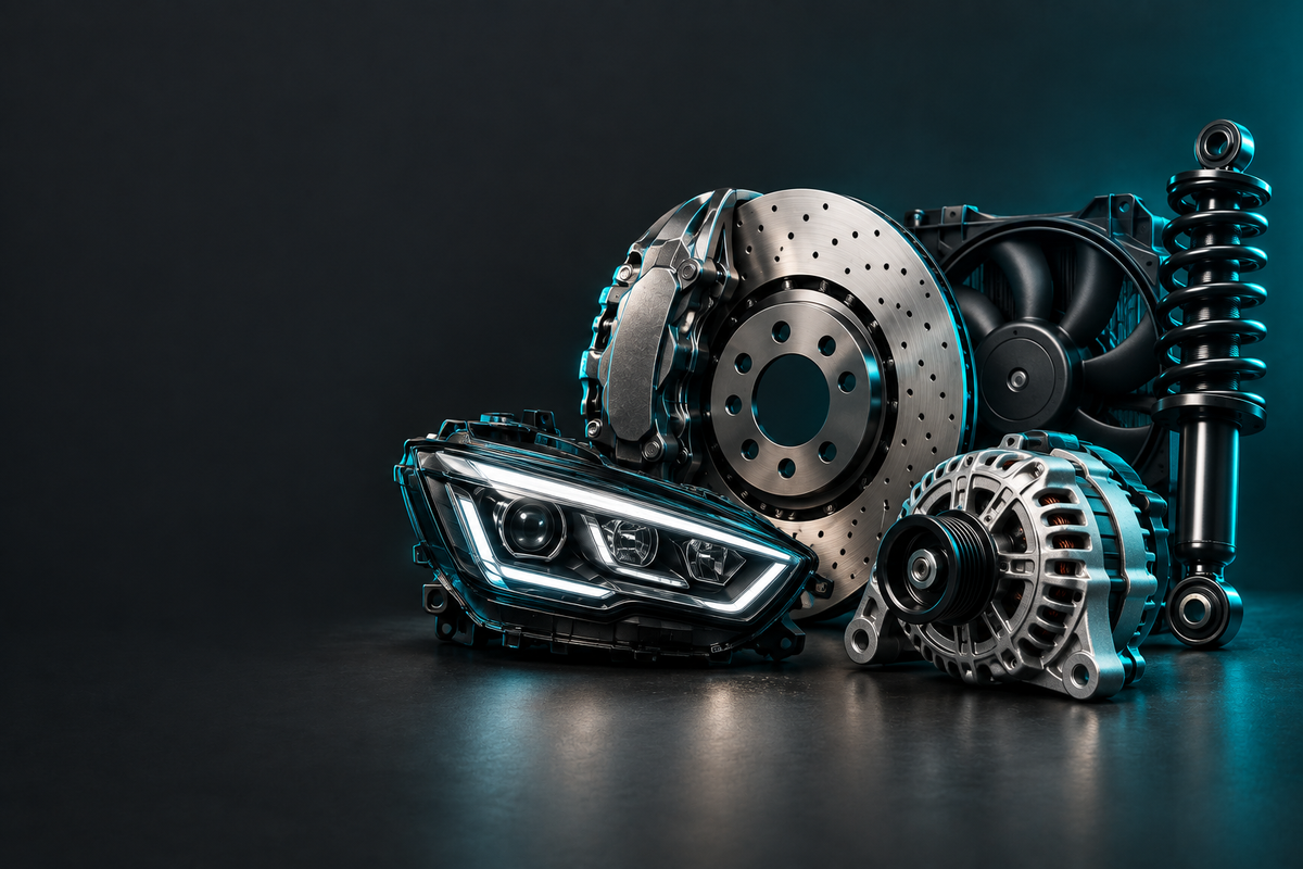 Dodge Parts banner showing automotive parts in a dark charcoal studio with teal accent lighting.