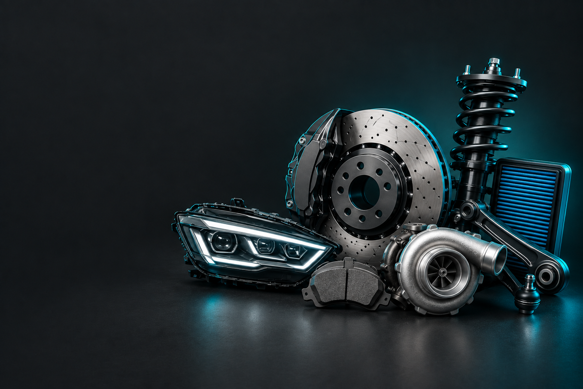 DS Parts banner showing automotive parts in a dark charcoal studio with teal accent lighting.
