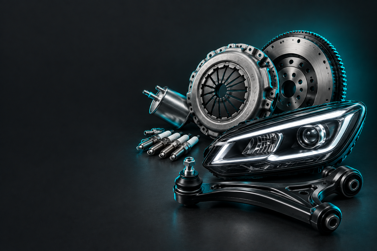Fiat Parts banner with assorted unbranded automotive components on a dark charcoal background.