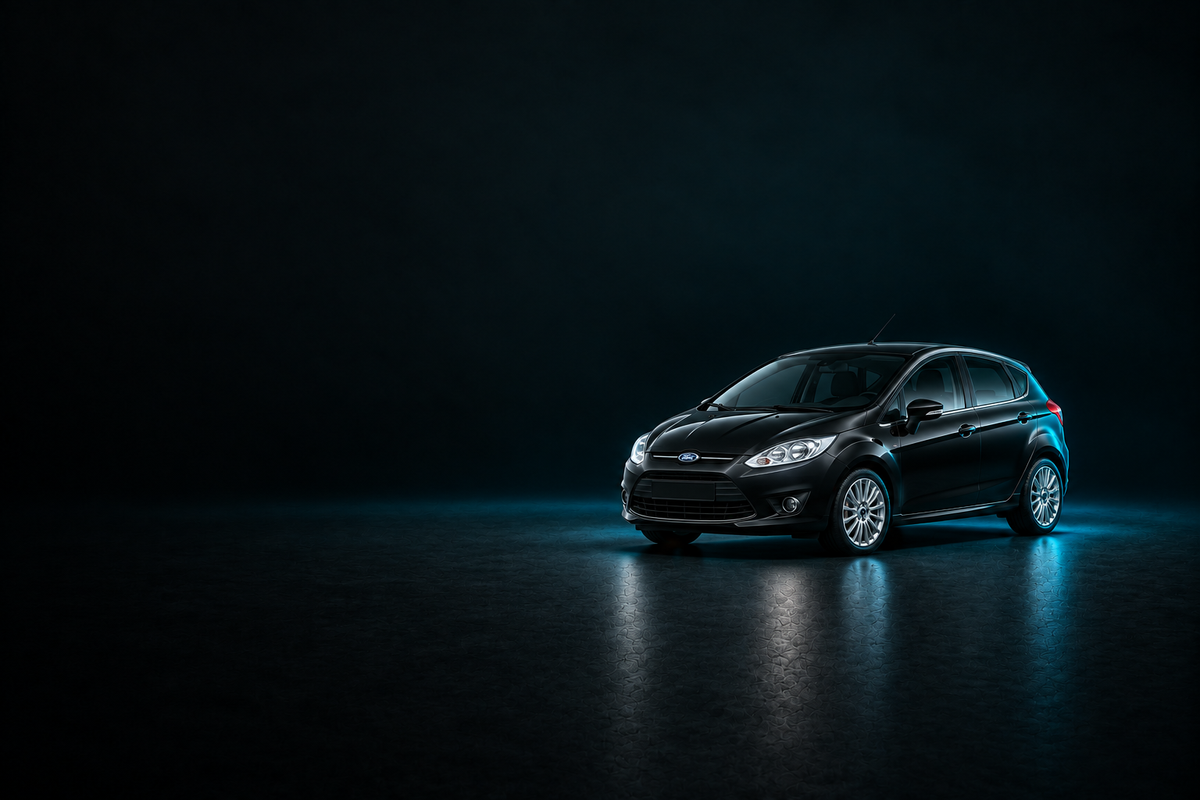 Black Ford Fiesta hatchback in a dark studio with cool blue lighting.