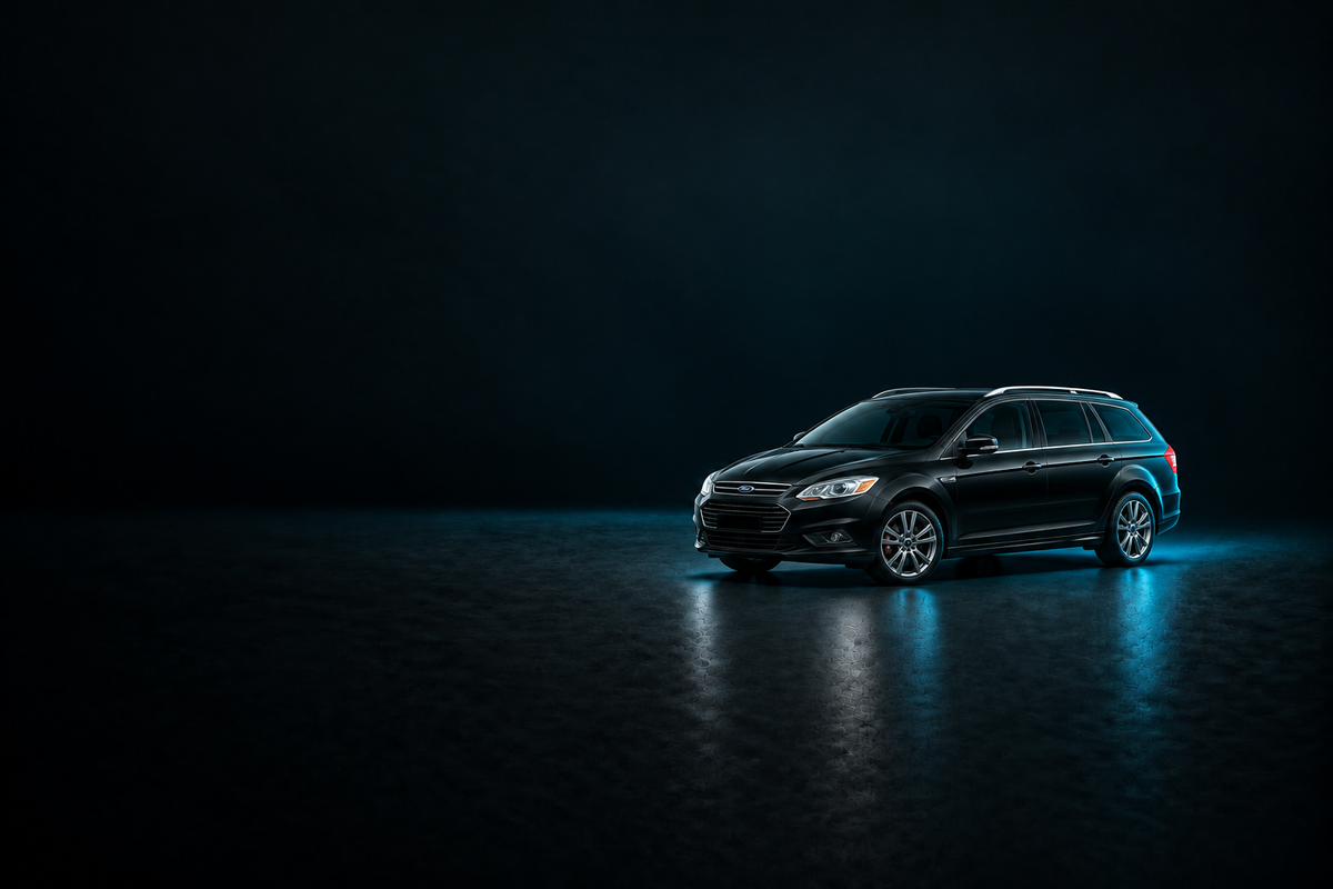 Black Ford Mondeo estate on a charcoal background with cool blue lighting.