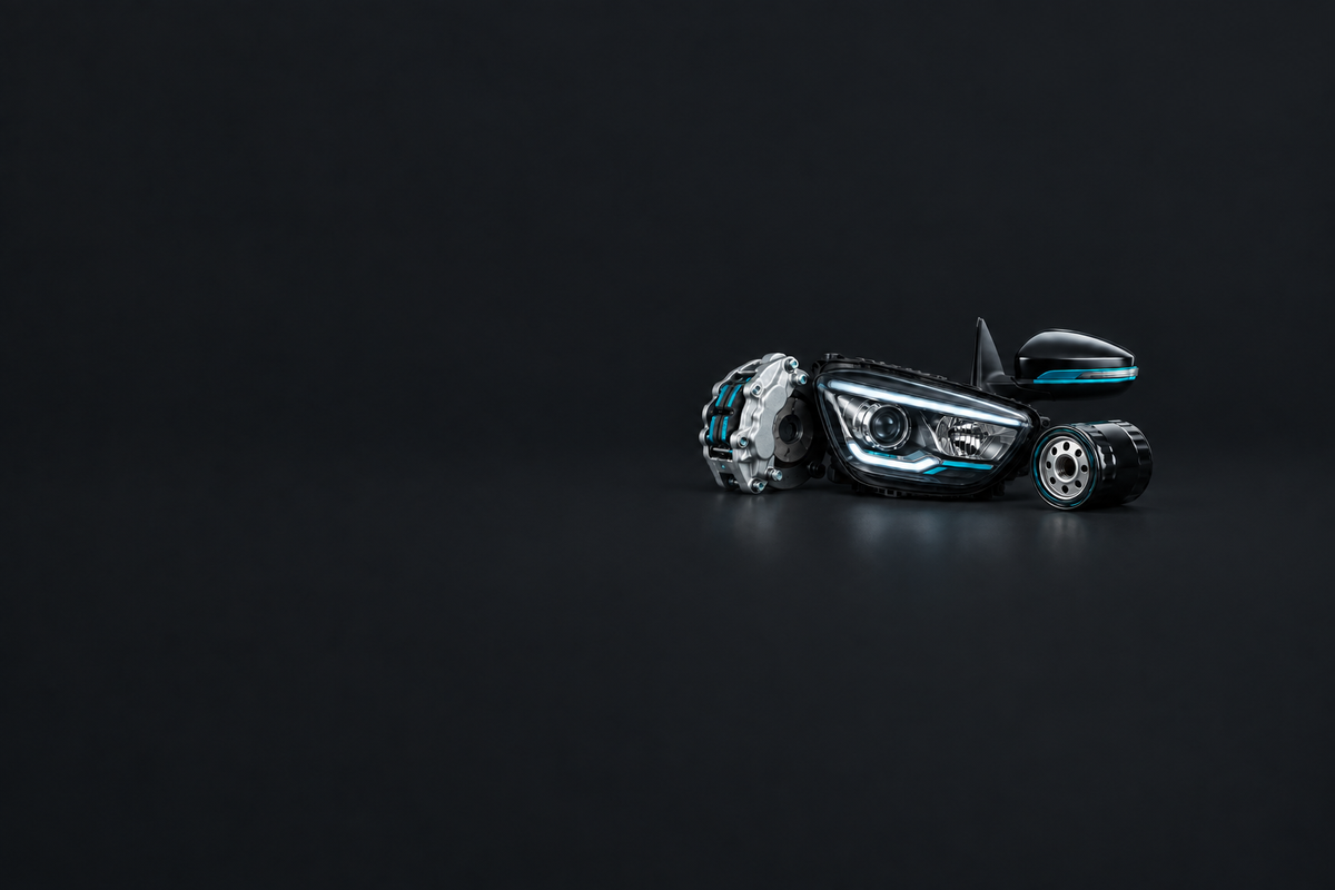 Ford Parts banner showing a brake caliper, headlight, wing mirror and oil filter on a dark background.