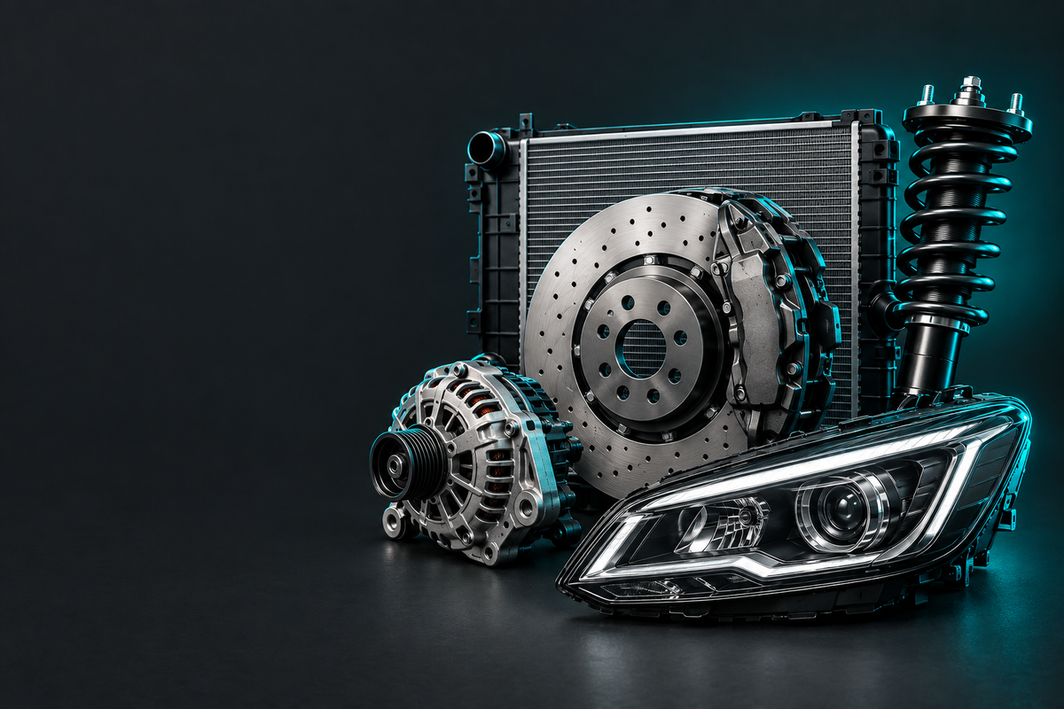 GMC Parts banner showing automotive parts in a dark charcoal studio with teal accent lighting.