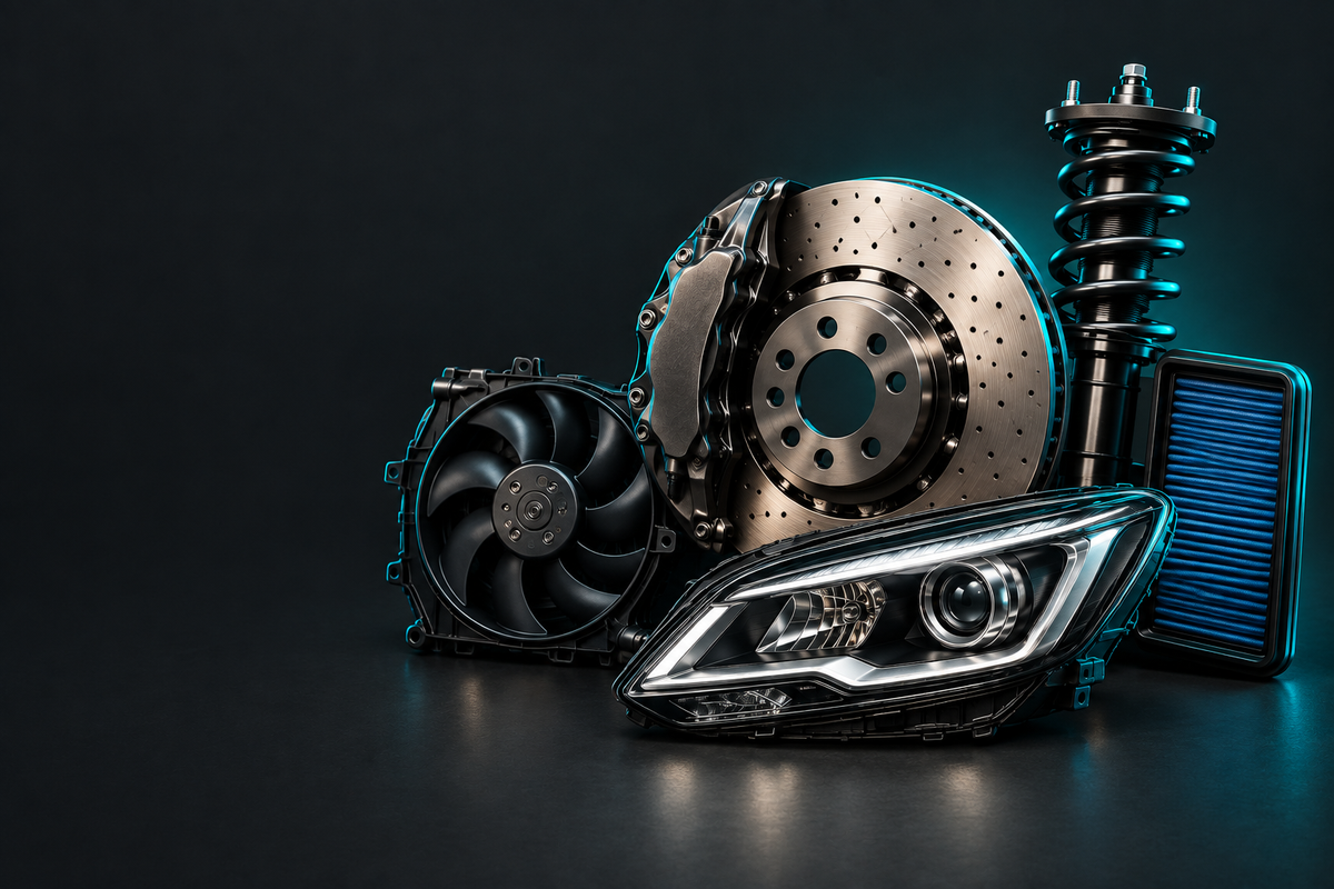 Holden Parts banner showing automotive parts in a dark charcoal studio with teal accent lighting.