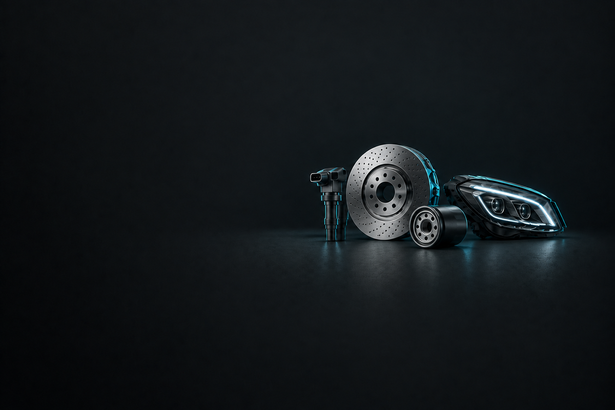Honda Parts banner with assorted unbranded automotive components on a dark charcoal background.