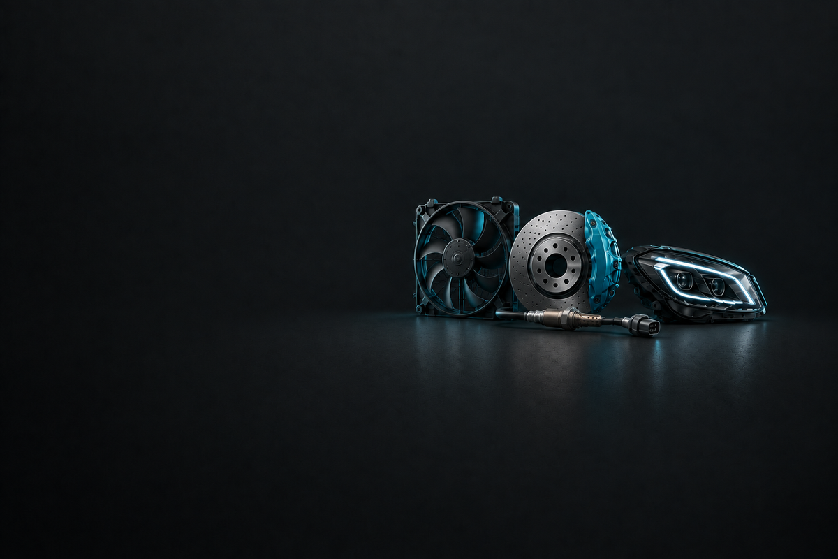 Hyundai Parts banner with assorted unbranded automotive components on a dark charcoal background.
