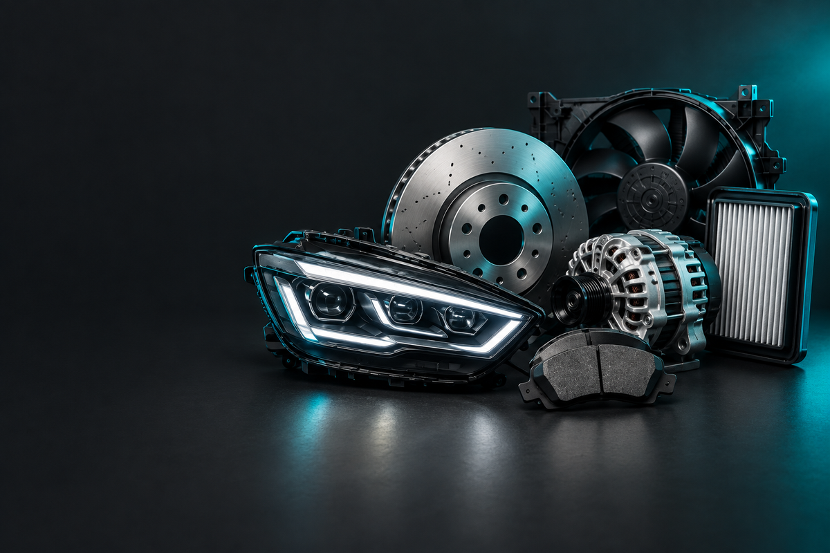 Infiniti Parts banner showing automotive parts in a dark charcoal studio with teal accent lighting.