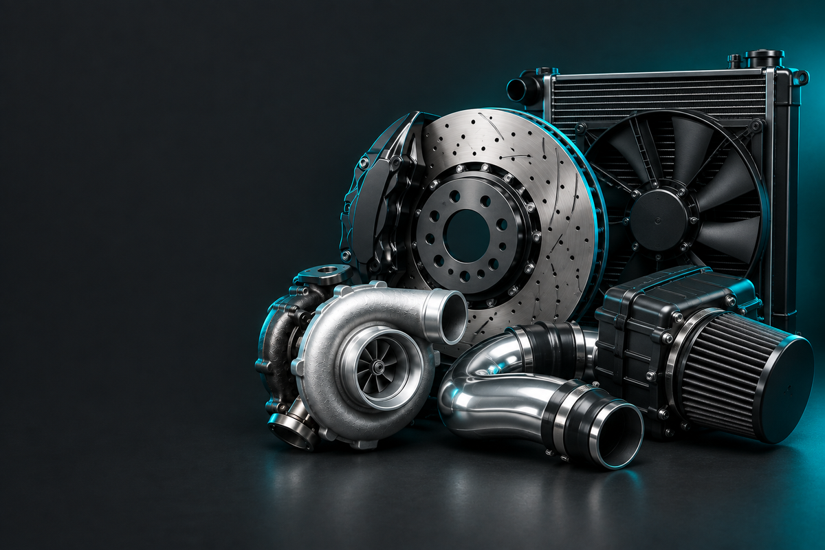 Isuzu Parts banner showing automotive parts in a dark charcoal studio with teal accent lighting.