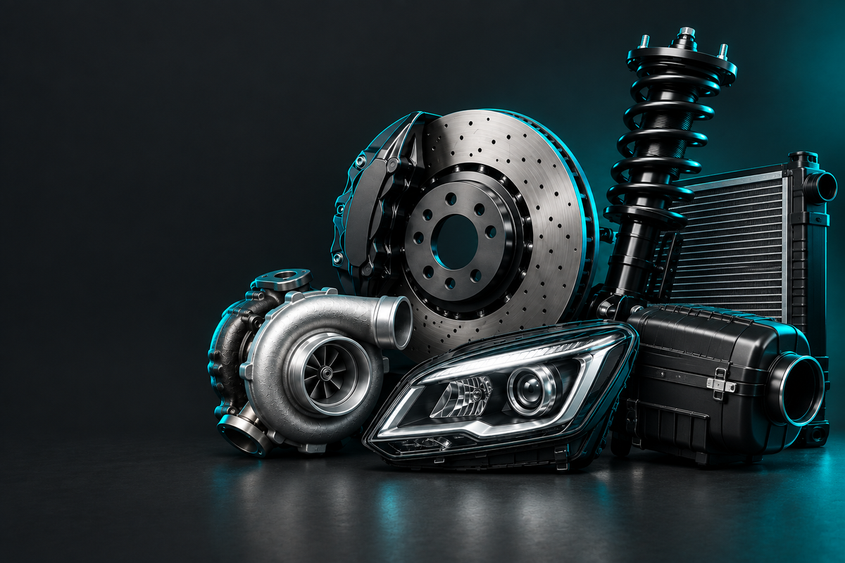 Iveco Parts banner showing automotive parts in a dark charcoal studio with teal accent lighting.