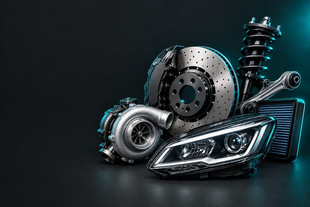 Jaguar Parts banner showing automotive parts in a dark charcoal studio with teal accent lighting.