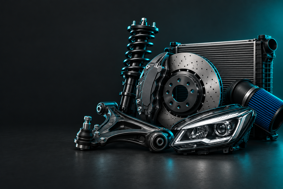 Jeep Parts banner showing automotive parts in a dark charcoal studio with teal accent lighting.