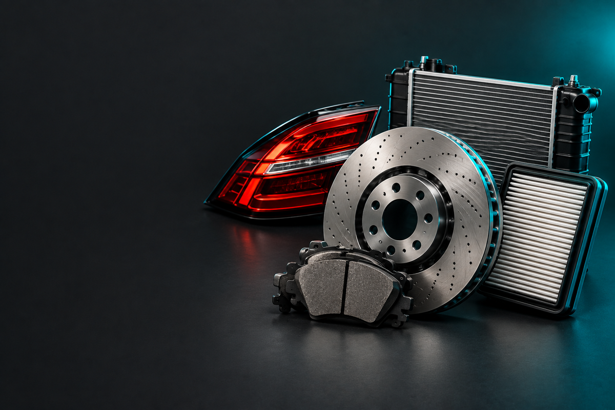 Kia Parts banner showing automotive parts in a dark charcoal studio with teal accent lighting.