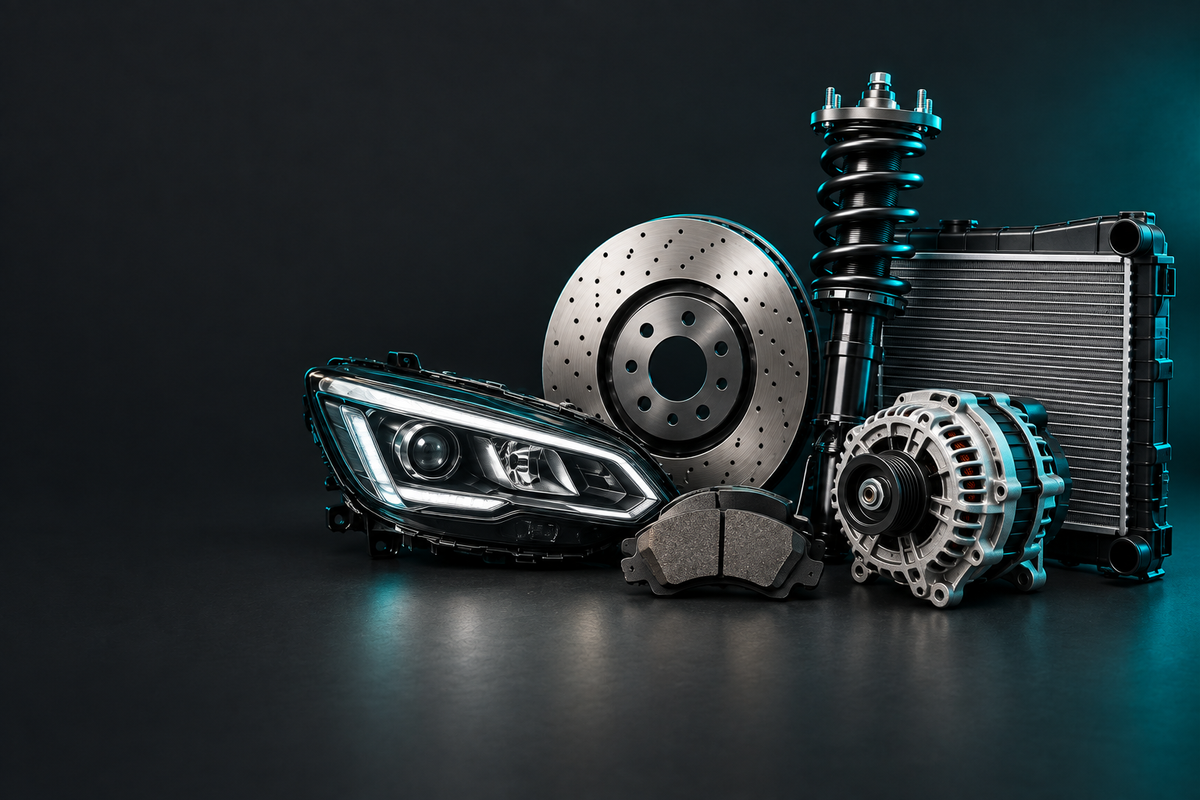 Lada Parts banner showing automotive parts in a dark charcoal studio with teal accent lighting.