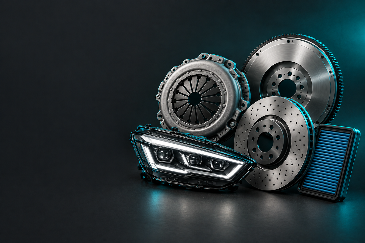 Lancia Parts banner showing automotive parts in a dark charcoal studio with teal accent lighting.