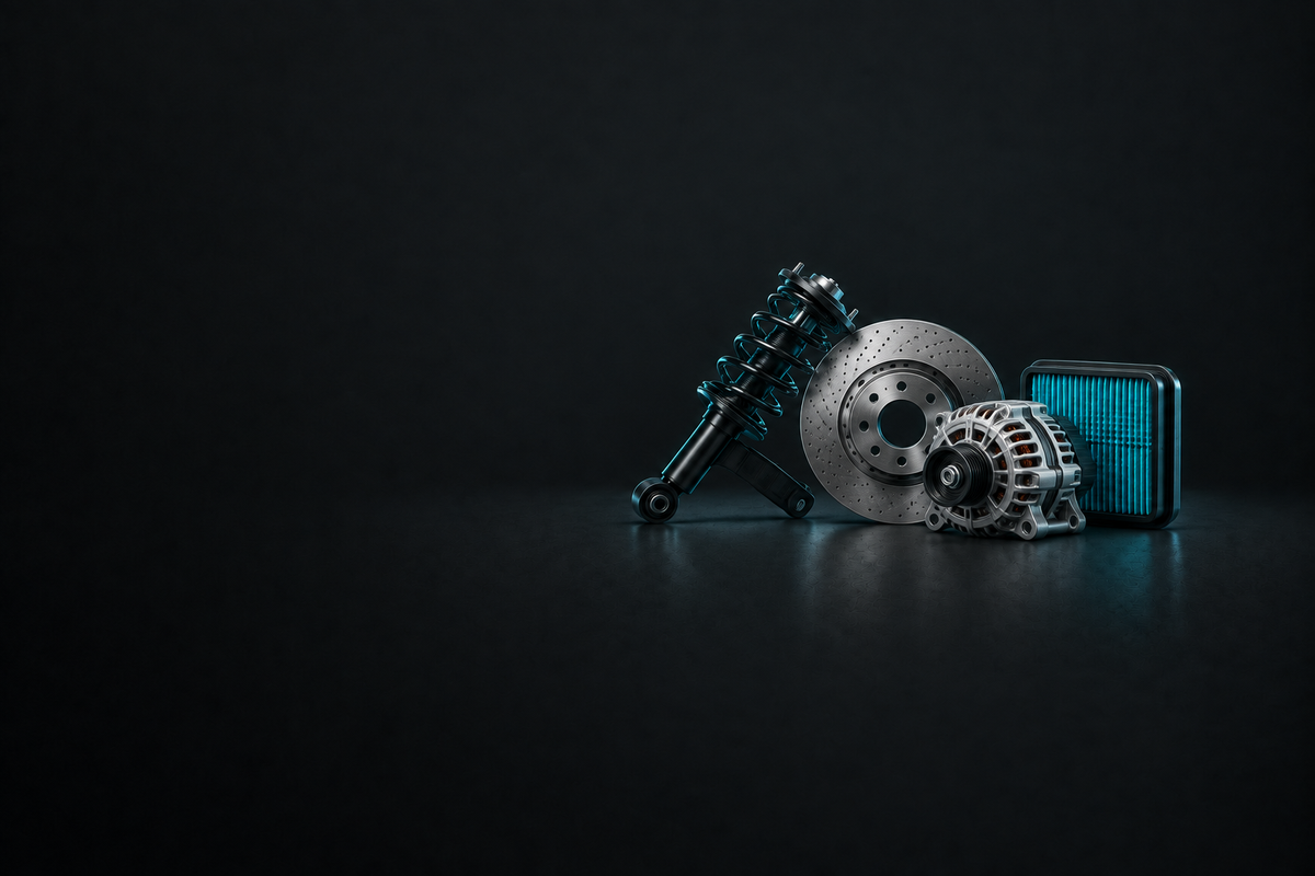 Land Rover Parts banner with assorted unbranded automotive components on a dark charcoal background.