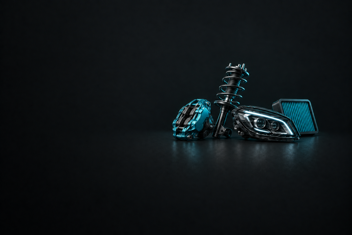 Lexus Parts banner with assorted unbranded automotive components on a dark charcoal background.