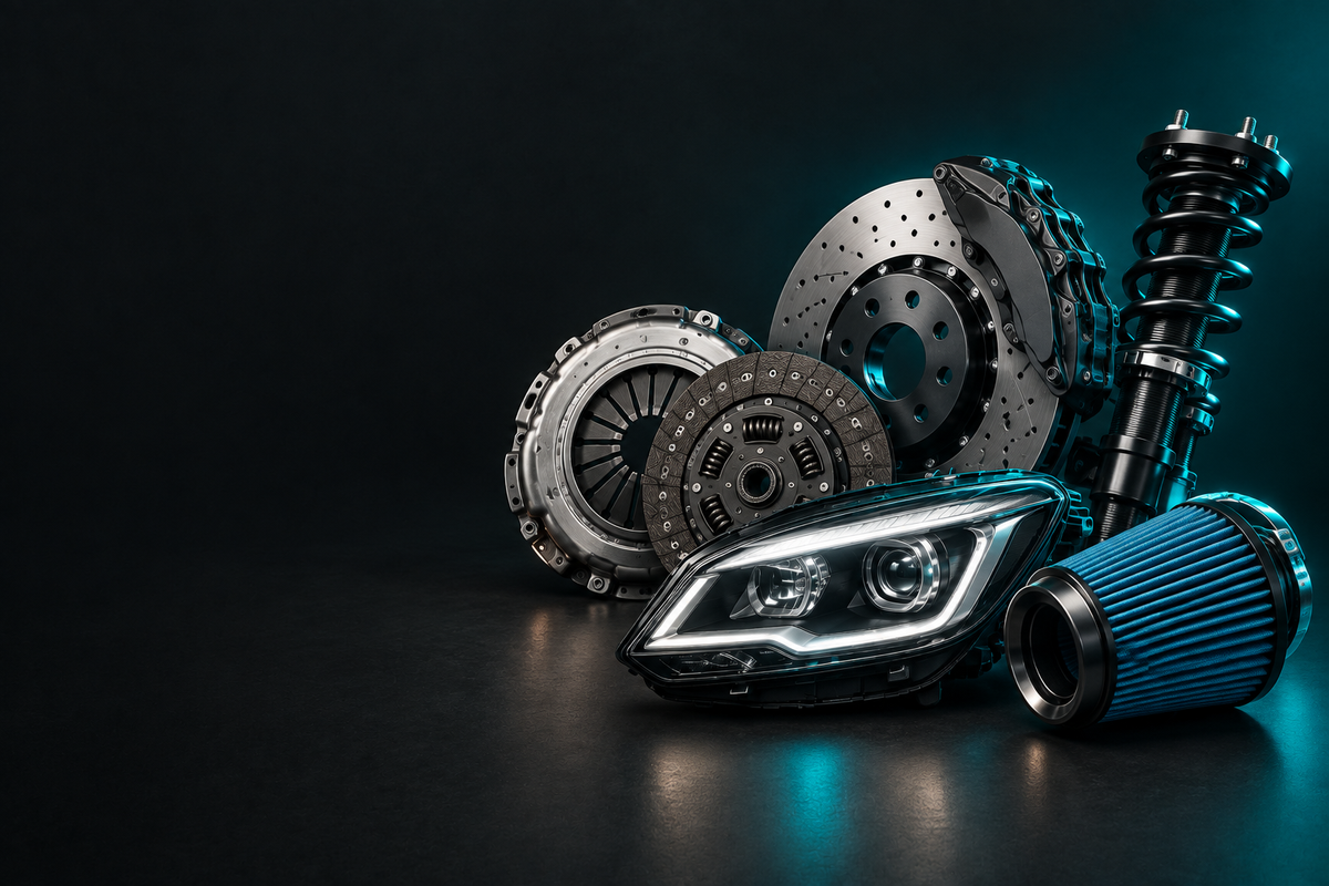 Lotus Parts banner showing automotive parts in a dark charcoal studio with teal accent lighting.