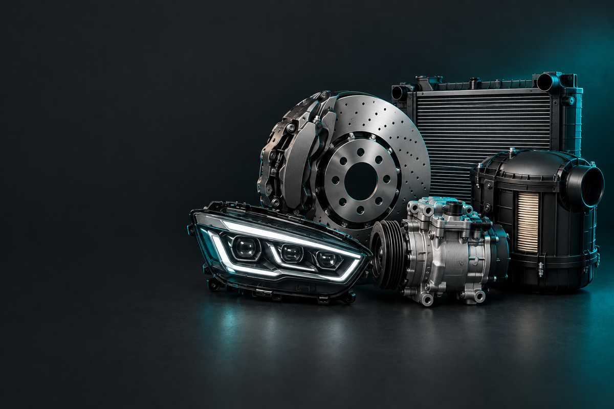 MAN Parts banner showing automotive parts in a dark charcoal studio with teal accent lighting.