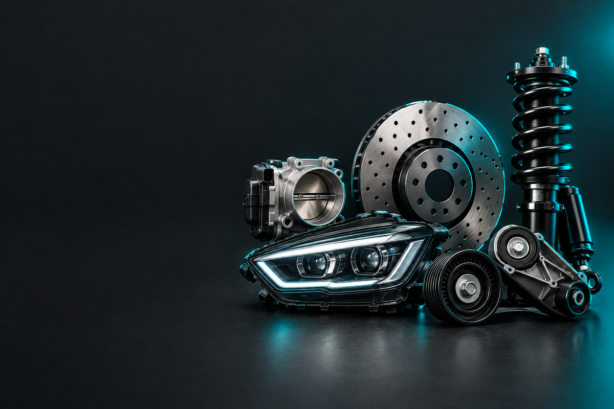 Mazda Parts banner showing automotive parts in a dark charcoal studio with teal accent lighting.