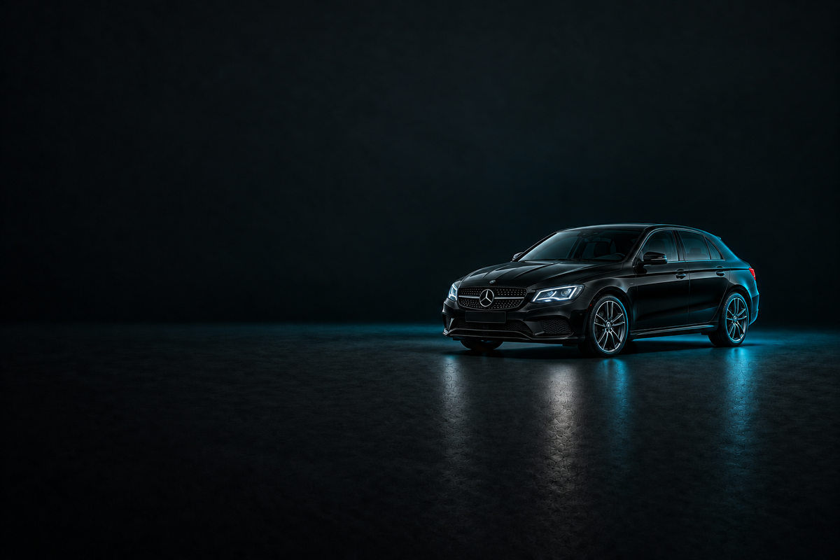 Black Mercedes-Benz A-Class W176 hatchback on a charcoal background with cyan lighting.