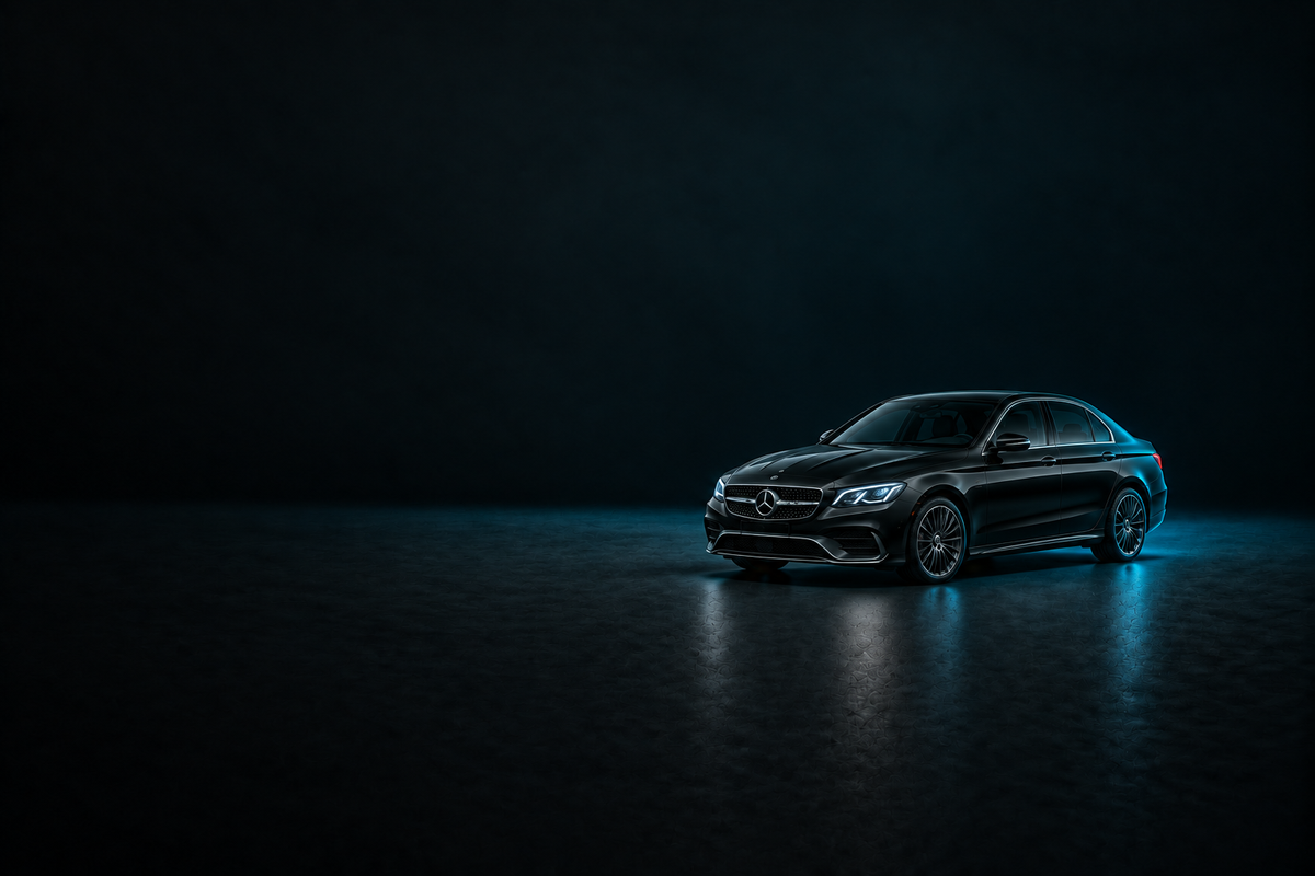 Black Mercedes-Benz C-Class saloon on a glossy dark floor with cool blue lighting.