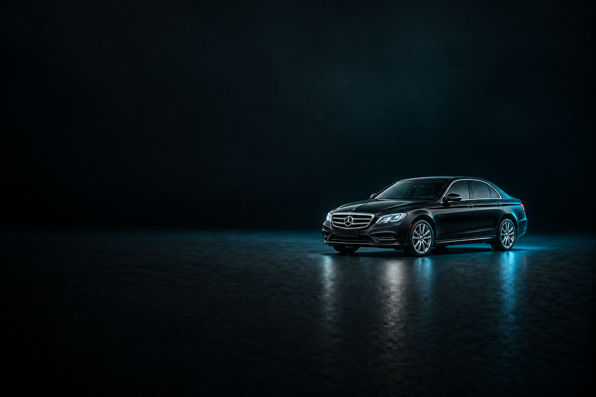 Black Mercedes-Benz E-Class saloon in a dark studio with cyan rim lighting.