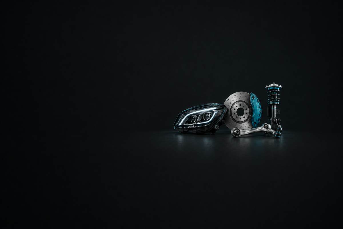 Mercedes Parts banner showing a headlight, brake disc, suspension strut and control arm on a dark background.