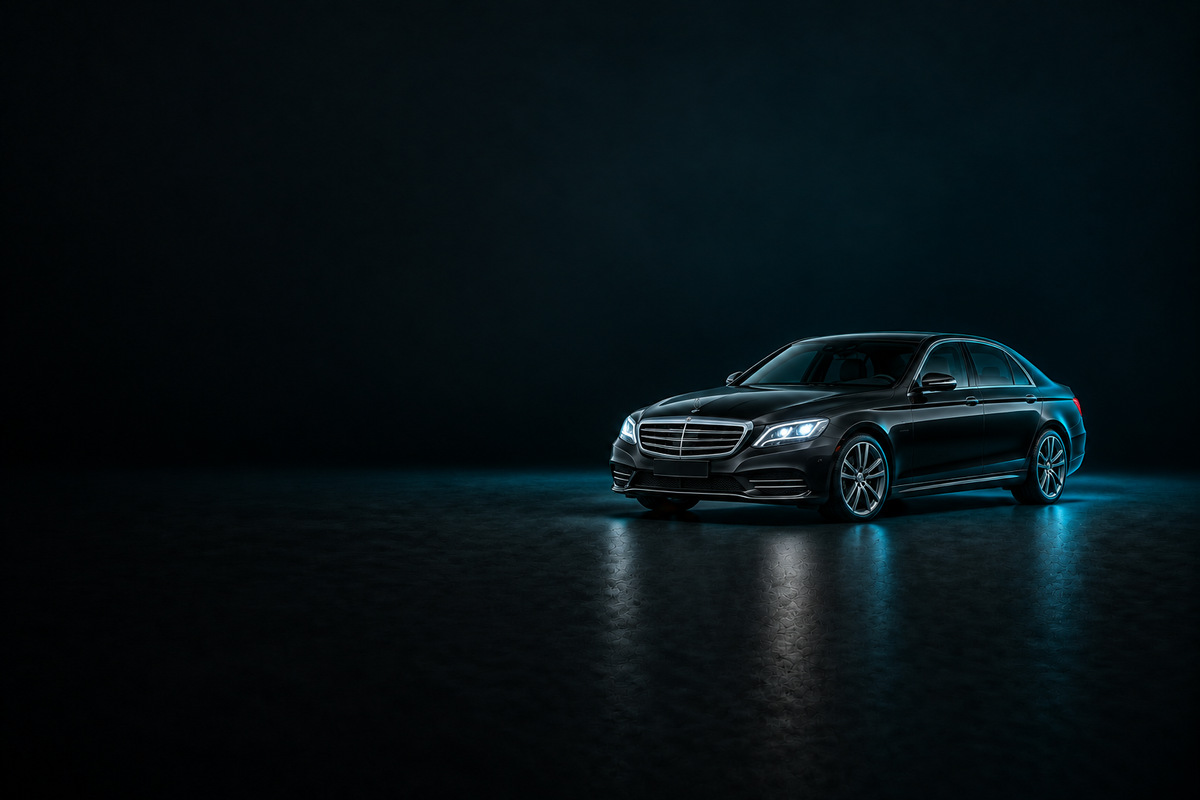 Black Mercedes-Benz S-Class W222 saloon on a charcoal background with cyan lighting.