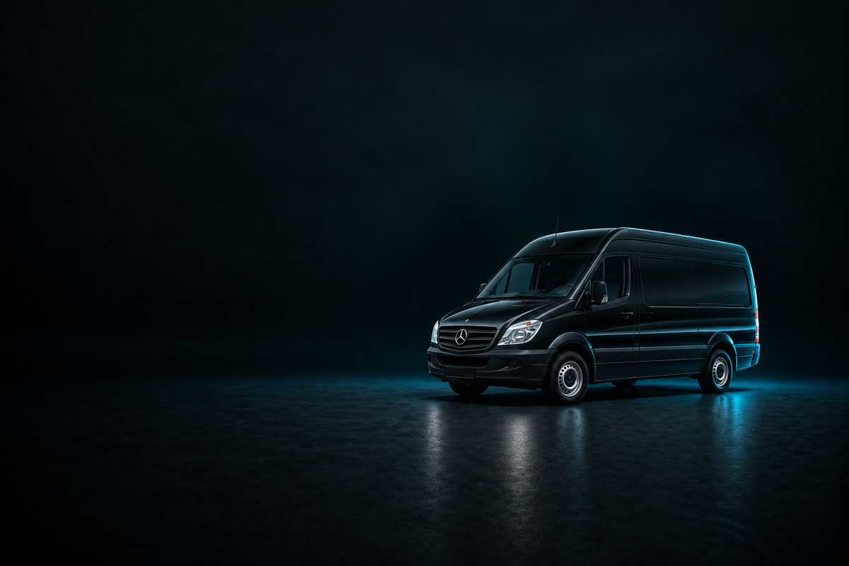 Black Mercedes-Benz Sprinter van on a dark studio floor with cyan lighting.