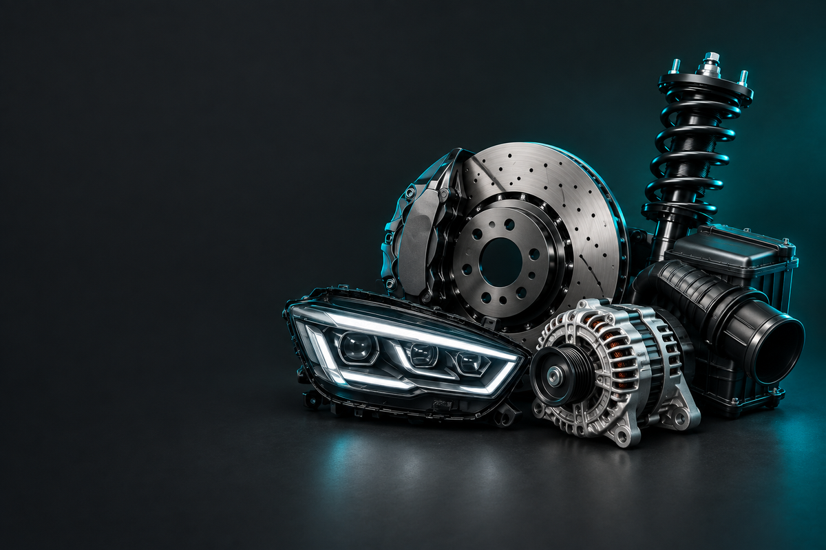 MG Parts banner showing automotive parts in a dark charcoal studio with teal accent lighting.